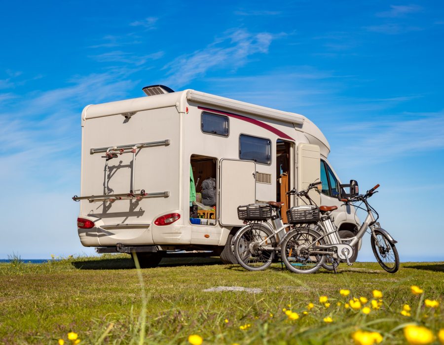 Family vacation travel RV, holiday trip in motorhome, Caravan car Vacation.